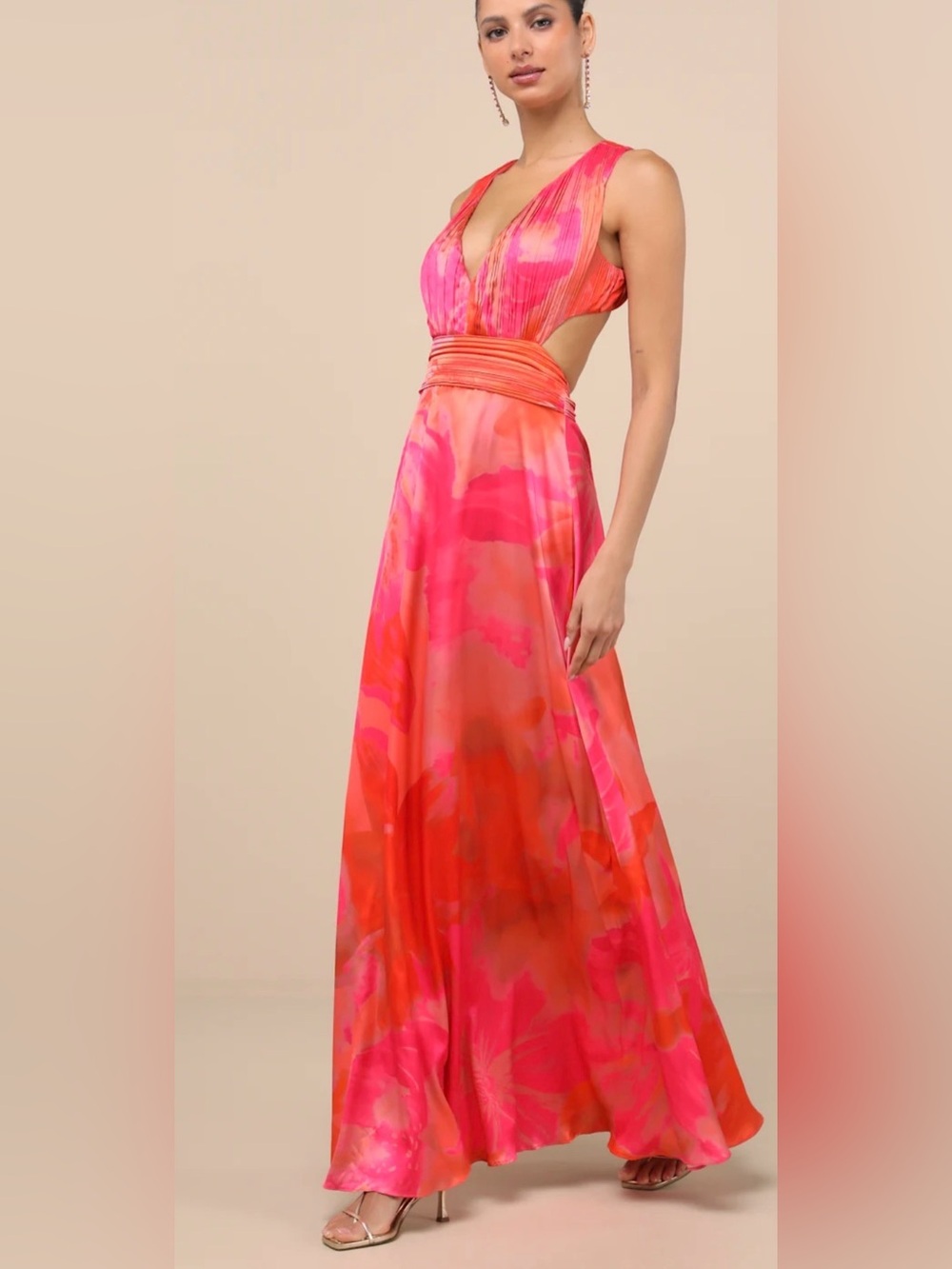 Lulus Dedra Pink and Orange Abstract Pleated Maxi Dress